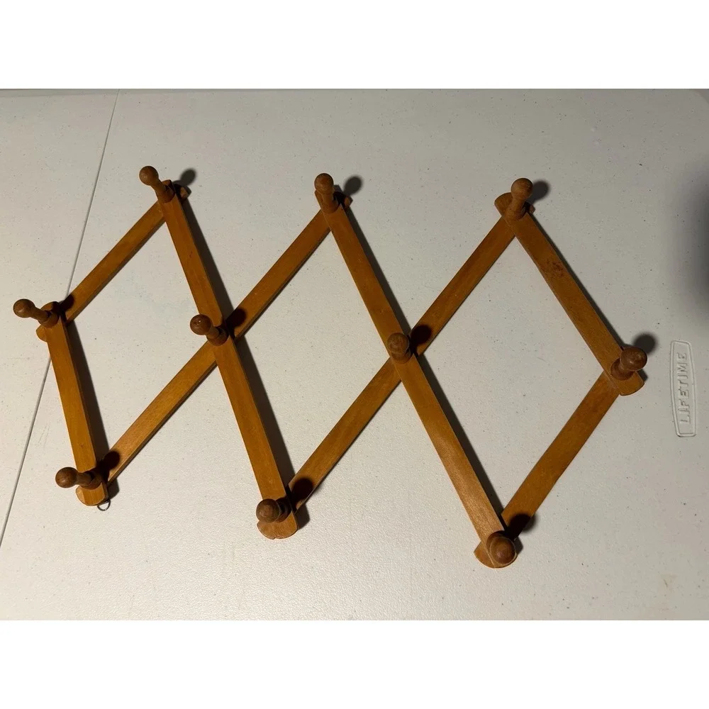 Vintage MCM Wood Rack Expandable Wooden Accordion 10 Peg Wall Cottagecore Coat